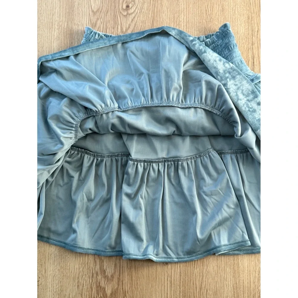 Aerie Velvet Smocked Tiered Thrills & Frills Pull‎ On Mini Skirt Teal Size Small